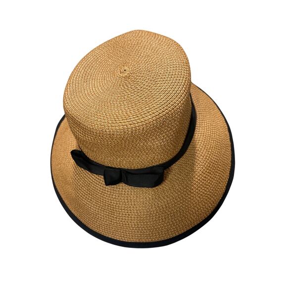 Eric Javits Visor Adjustable Straw Hat UPF 50+ Beige Black Packable Sunbust Bow - Picture 1 of 11